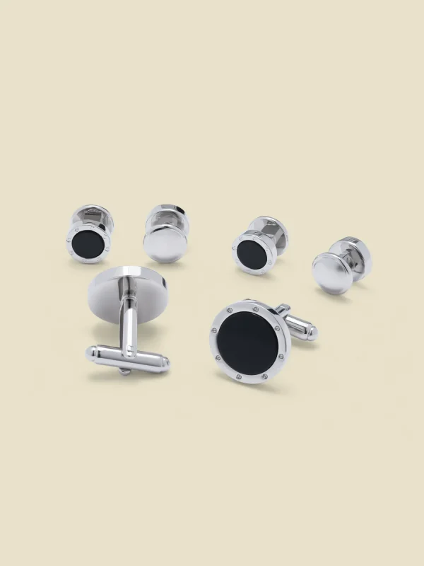 The Black Tux Accessories | Cufflinks & Studs*Round Riveted Obsidian Cufflinks & Studs Set